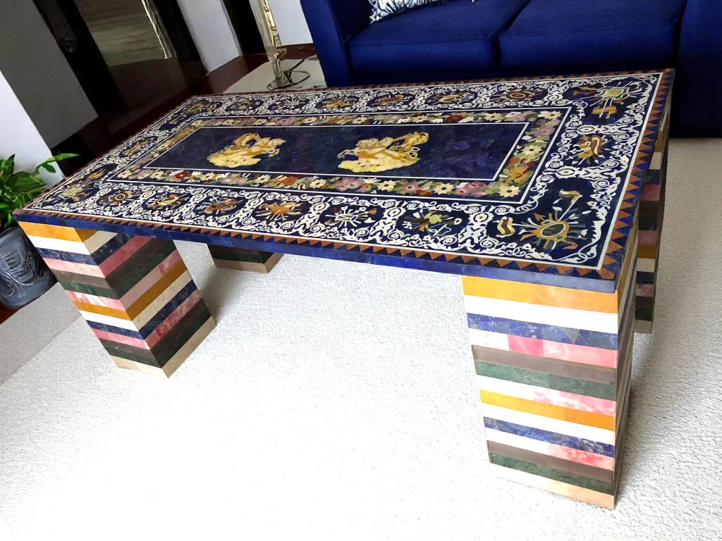 Pietradura Marble Dining Table Lapis Inlay Mosaic Handicraft Indian Art